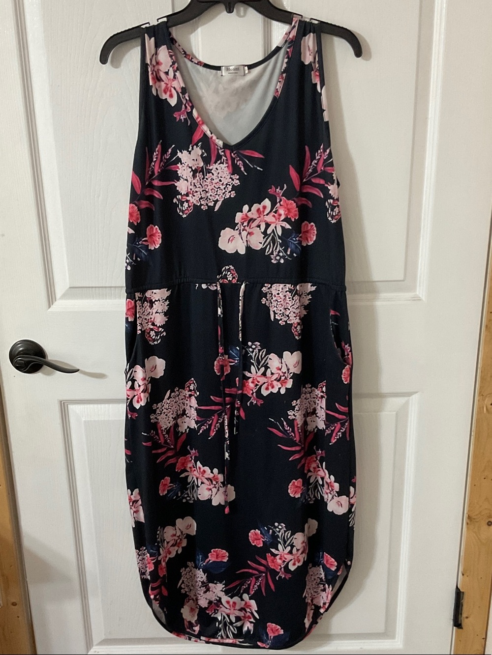 Sleeveless Navy Floral Midi Dress with Drawstring Waist